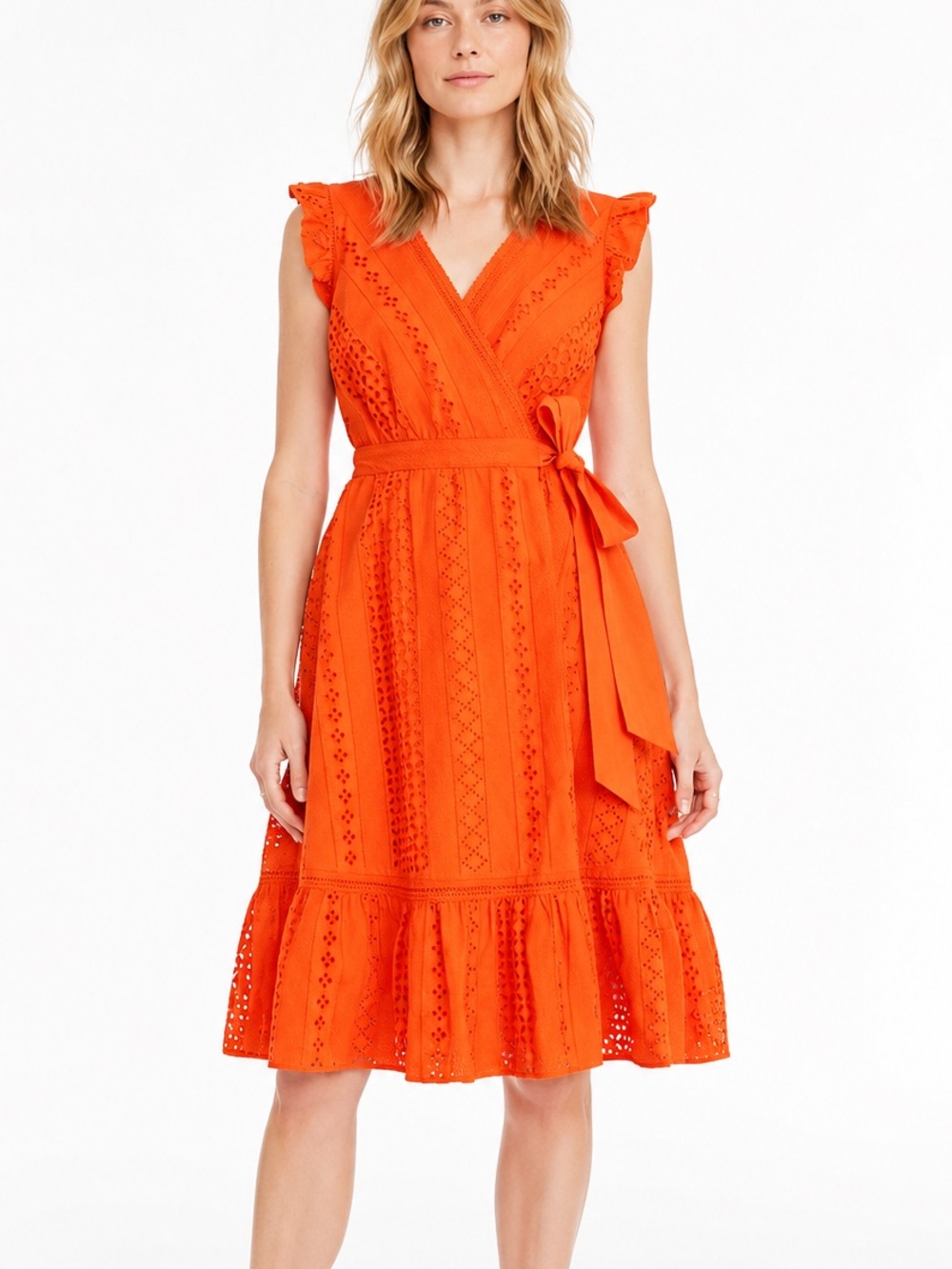 J.Crew Size 4 All Over Eyelet Wrap Dress Resort Orange Tie Waist Cotton